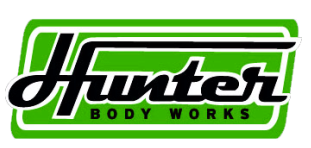 A green and black logo for hunter body works.